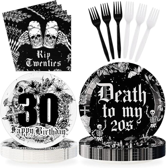 Grencian 96Pcs 30th Birthday Party Supplies Death to My 20s Plates and Napkins Disposable Rip Twenties Paper Tableware for Funeral for My Youth 30 Years Old Birthday Party Decor, Serves 24