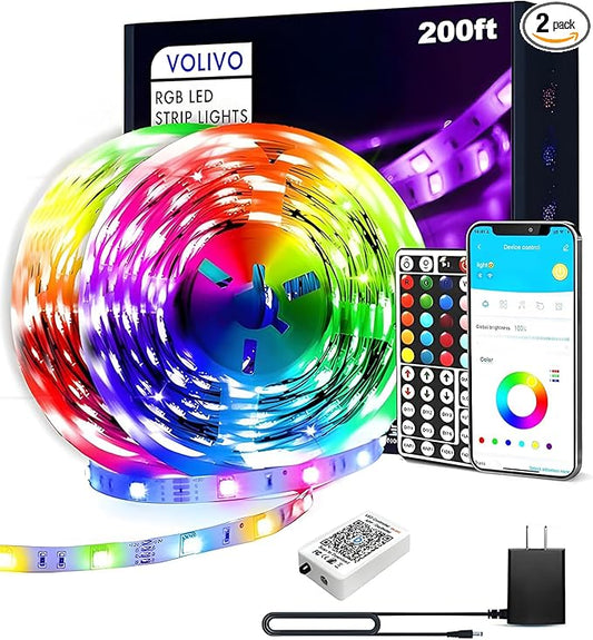 VOLIVO LED Strip Lights for Bedroom 200ft, Smart Bluetooth RGB Light Strips with App Control & Music Sync, Color Changing LED Lights for Room, Home, Party Decor