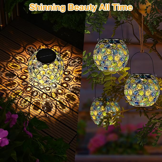 Uspring 2 Pack Crystal Mosaic Solar Lanterns Outdoor Waterproof Decorative Hanging Solar Lights for Outside, Gifts for Women Mom Grandma Garden Decor for Patio Backyard Porch Pathway Walkway, Blue