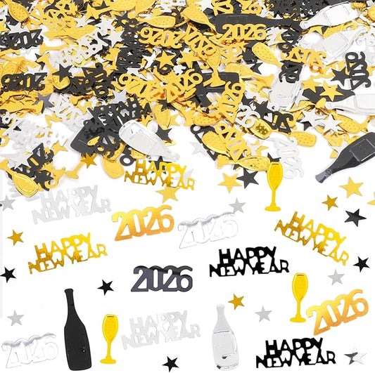 HOWAF 2026 New Year Party Decoration Supplies, New Years Confetti Decoration- Black, Gold, Silver Wine Bottle Glitter Sequins Star Foil Confetti for Happy New Year Eve Decorations Table Scatters