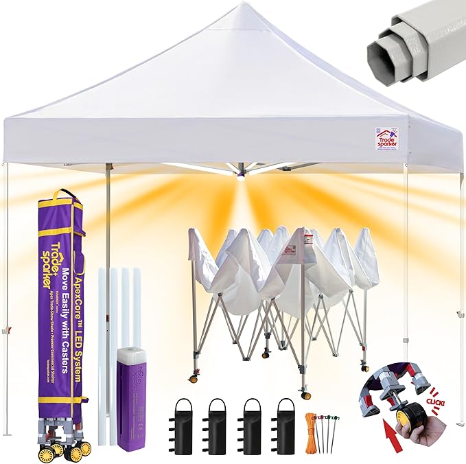 Tradesparker 8x8 Pop Up Canopy Tent,Commercial Movable Canopy with ApexCore LED&Rugged Casters-Instant Easy Setup Shelter Canopies with Weight Bags&Stakes for Outdoor Events Markets Vendors,White