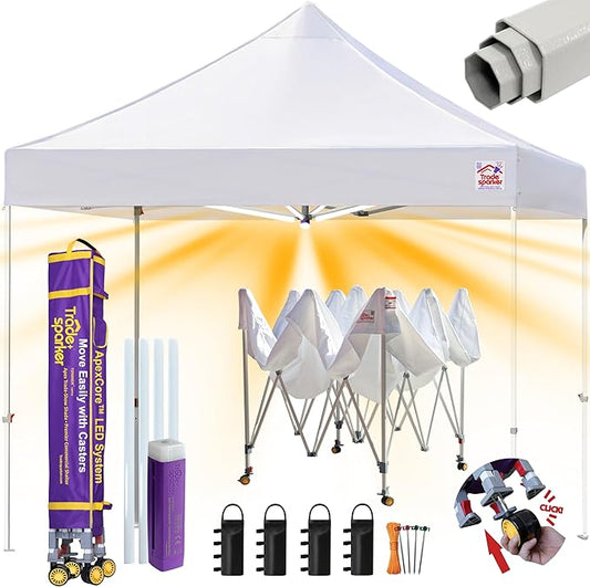 Tradesparker 8x8 Pop Up Canopy Tent,Commercial Movable Canopy with ApexCore LED&Rugged Casters-Instant Easy Setup Shelter Canopies with Weight Bags&Stakes for Outdoor Events Markets Vendors,White