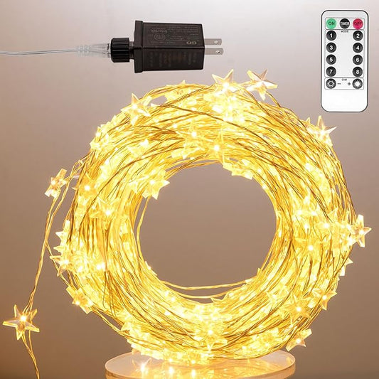 Star String Lights Plug in,40FT 120 LEDs Star Fairy Lights,Waterproof Starry Light with 8 Modes Remote for Outdoor Indoor Christmas Wedding Garden Ramadan Decor,Silver Wire,Warm White