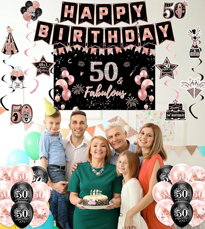 50th Birthday Decorations for Women, Pre-Strung Black Rose Gold Happy Birthday Banner Balloons Backdrop Honeycomb Centerpieces & Hanging Swirl Streamers, 50 Years Old Birthday Party Decorations Kit