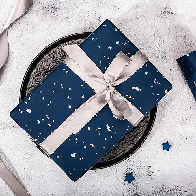 MAYPLUSS Navy Blue Wrapping Paper Roll - 17Inch x 16.5Feet - Masculine Black Gold Shiny Flakes on Matte Dark Navy Blue Heavy Gift Wrap Paper w/Silky Touch for Father's Day, Birthday, Holiday, Christmas