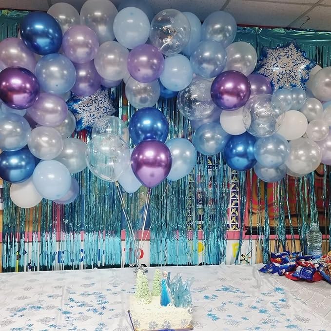 Biapian Frozen Balloons, 60 Pcs Blue Purple Balloons, 12 Inch Metallic Blue Purple Latex Balloons Silver Snowflake Confetti Balloons for Girls Frozen Snowflake Ice Snow Theme Birthday Party Decoration