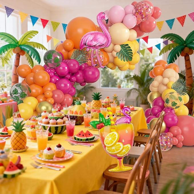 Amandir 165Pcs Tropical Balloon Arch Garland Kit, Sunset Hot Pink Orange Coral Red Yellow Metallic Gold Foil Wineglass Flamingo Balloons for Tropical Birthday Wedding Shower Summer Party Decorations
