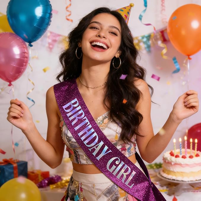 Birthday Sash for Girl, Dazzle Foil Letter Glitter Purple Birthday Sash for Women Girl Kids Teenager Bday Gifts Party Favors Photo Prop