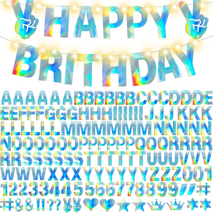 167Pcs DIY Glitter Customizable Banner Kit Custom Banner Happy Birthday DIY Letter Banners Happy New Year Personalized Banners Christmas Baby Shower Birthday Party Decorations Supplies(Shiny Holografic)