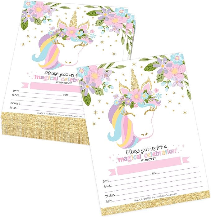 Hadley Designs Kids Birthday Invitations Girl Unicorn Theme - 25 Unicorn Birthday Party Invitations For Girls, Pastel Invites For Girls, Cute Party Supplies, Made in USA