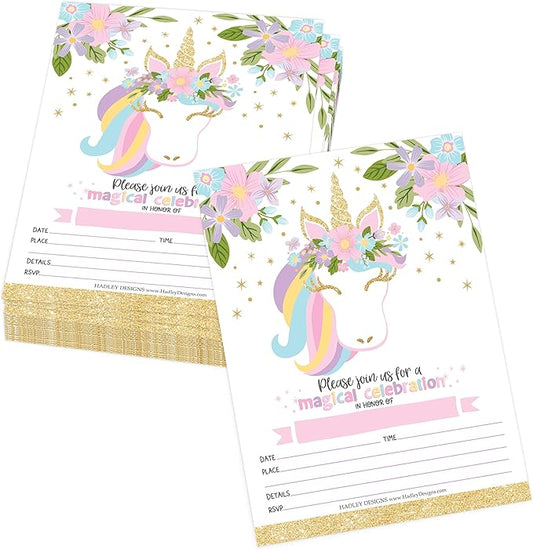 Hadley Designs Kids Birthday Invitations Girl Unicorn Theme - 25 Unicorn Birthday Party Invitations For Girls, Pastel Invites For Girls, Cute Party Supplies, Made in USA