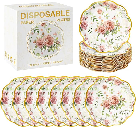 Kochorie 100 PCS Scalloped Party Plates, 7 Inch Disposable Floral Paper Plates, Pink Flower Paper Plate, Floral Dessert Plate Bulk for Birthday Bridal Baby Shower Wedding Party Supplies