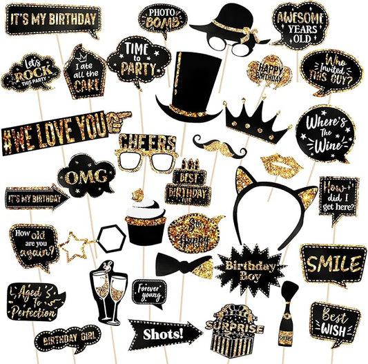 36 Pcs Black and Gold Birthday Party Photo Booth Props Set,Happy Birthday Selfie Party Supplies with Sticks, Cute Birth Day Designs Props for Women Men Girls,Party Decro