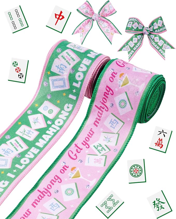 2 Rolls Mahjong Wired Edge Ribbon 2.5 Inch 10 Yards Mahjong Party Decorations Pink and Green Mahjong Theme Ribbon with Tiles, Cocktail & Dice for Game Night Decor, Gift Wrap, DIY Crafts