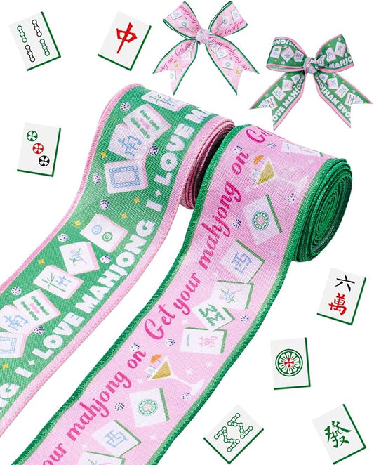 2 Rolls Mahjong Wired Edge Ribbon 2.5 Inch 10 Yards Mahjong Party Decorations Pink and Green Mahjong Theme Ribbon with Tiles, Cocktail & Dice for Game Night Decor, Gift Wrap, DIY Crafts
