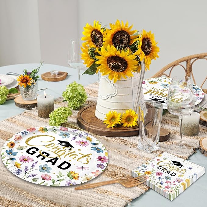 100 Pcs Floral Graduation Party Tableware Set – Disposable “Congrats Grad” Paper Plates and Napkins with Wildflower Design for Graduation Party, School and Home Celebrations – Serves 25