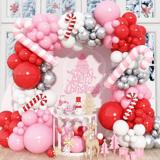 HILAVO Pink Christmas Balloon Arch Kit, 147PCS Red Pink White Silver Balloon Garland with Candy Cane Balloons for Christmas Baby Shower Girls Birthday Winter Holiday New Year Party Decorations