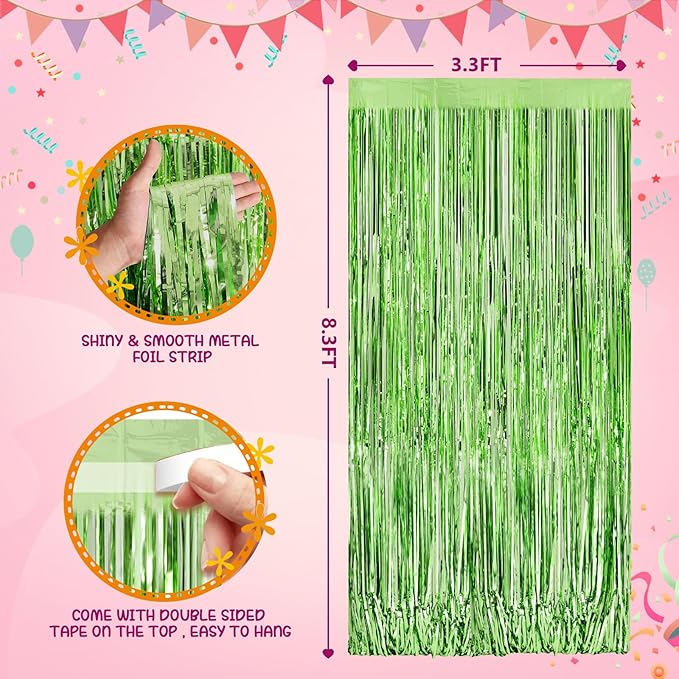 Light Green Metallic Tinsel Foil Fringe Curtains Backdrop 2Pack 3.3x8.3Ft Green Party Streamers for Birthday Party Decorations Halloween Christmas Decors Foil Curtain Backdrop for Bachelorette Wedding
