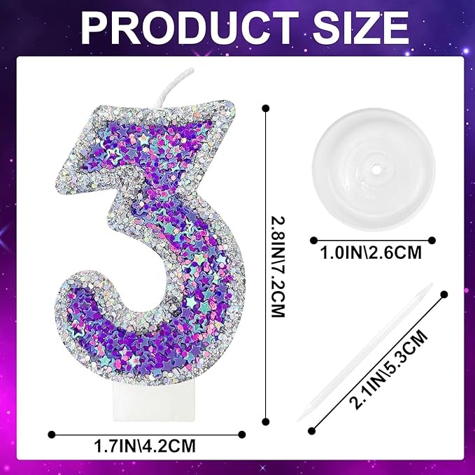 K-pop Number 3 Birthday Candle, Star Glitter Filled Number Candle, Purple Silver Fantasy Cake Topper for Birthday Party Decoration