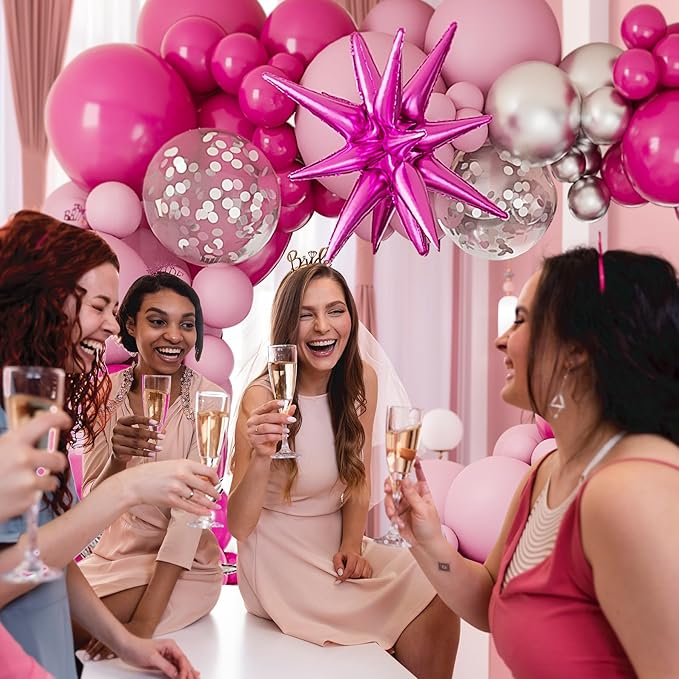 Hot Pink Silver Balloons Arch Garland Kit-Macaron Pink Balloon Hot Pink Explosion Star Foil Balloon 127Pcs for Princess Birthday,Graduation,Bachelorette,Baby Shower,Christmas Party Decorations.