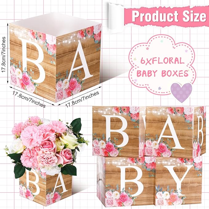 Bucherry 6 Pcs Baby Shower Centerpieces with Letters, 7" Baby Blocks Flower Boxes for Table Decorations, Gender Reveal Party Supplies & Photo Props(Wooden Color,Rustic Floral)