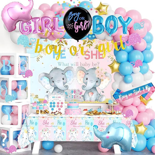 172 PCs Elephant Gender Reveal Decorations, Hombae Boy or Girl Gender Reveal Decorations What Will Baby Be Backdrop Balloon Garland Banner Tablecloth Cake Cupcake Topper Box Cutout Poster Sash