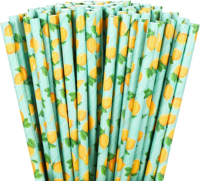 Whaline 200Pcs Watercolor Lemon Paper Straws Summer Disposable Drinking Straws Lemon Party Decorative Straw for Spring Summer Birthday Baby Shower Juices Shakes Cocktails Decorations