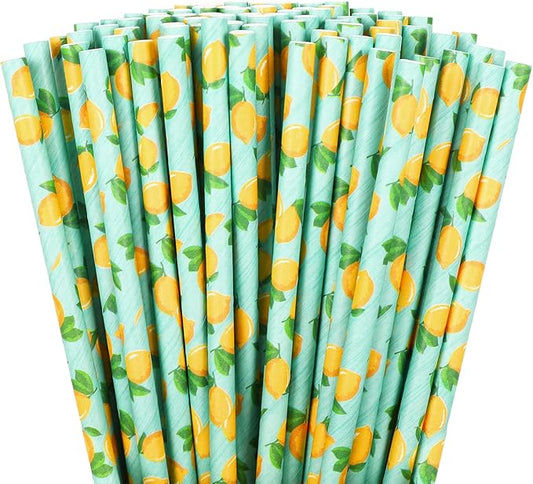 Whaline 200Pcs Watercolor Lemon Paper Straws Summer Disposable Drinking Straws Lemon Party Decorative Straw for Spring Summer Birthday Baby Shower Juices Shakes Cocktails Decorations