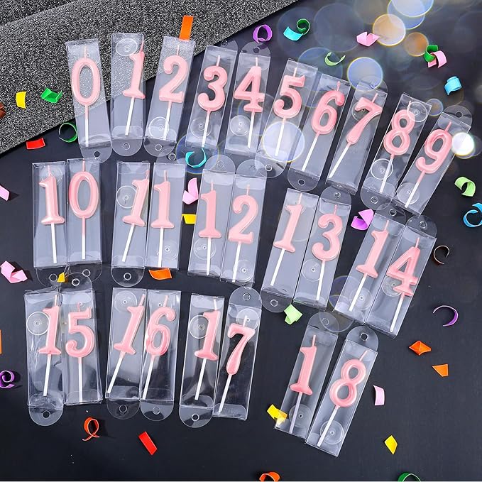 32 Pieces Number Birthday Candles Gold Cake Candles Number 0-9 Cake Decoration for Birthday Ten-Year Milestone Anniversary Wedding Party Celebration (Pink)
