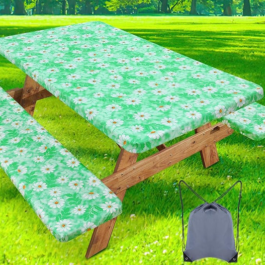 misaya Picnic Table Cover with Bench Cover, Waterproof Elastic Fitted Tablecloth for 6 Foot Tables, Rectangle Washable Polyester Tablecloths for Picnic, Camping, Outdoor (Green Daisy, 30" x 72")