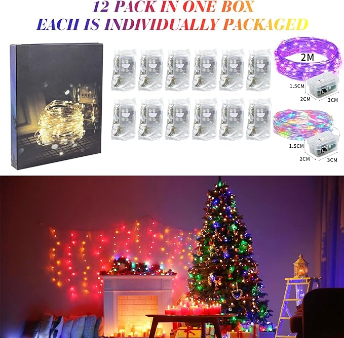 ZGWJ 12 Pack Battery Powered Fairy Lights, Mixed Colors 7Ft 20 Mini LED Silver Wires, 3 Modes for DIY, Party, Wedding, Bedroom, Halloween Christmas Decoration (Colorful & Purple)