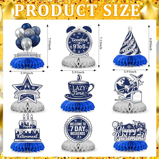 9 Pcs Retirement Party Decorations Honeycomb Centerpieces, Blue Silver Happy Retirement Table Decorations, Funny Officially Retired Table Toppers for Men Women Party Supplies