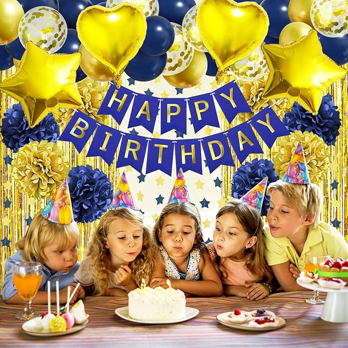 ZERODECO Birthday Party Decorations for Men, Navy Blue Gold Happy Birthday Banner Pompoms Balloon Arch Fringe Curtain Party Décor for Men Boys Women Girls Party Decorations Kit