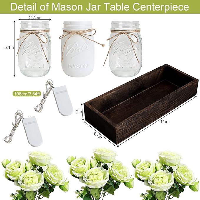 Mason Jar Table Centerpiece with Wood Tray, Fairy Lights, and Fake Flowers for Dining Room, Farmhouse Coffee Table Decor for Kitchen Living Room - Green