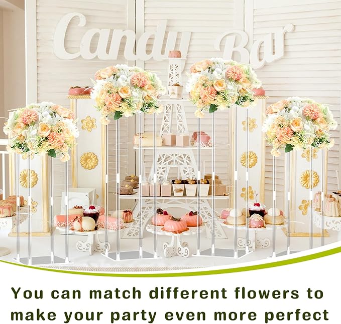 Geetery Tall Acrylic Wedding Flower Stand Centerpieces Clear Elegant Vase Column Stand with Artificial Hydrangea Flowers for Wedding Party Table Home Decorations(6 Pcs,28 Inch)