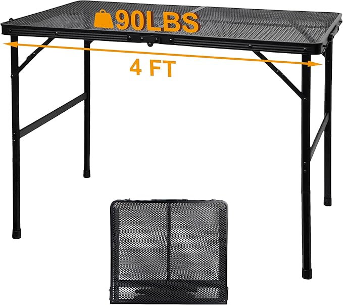 GREGIN Camping Table with Mesh Desktop, Lightweight & Portable Folding Grill Table, Height Adjustable Metal Outdoor Table for Camp, Cooking, BBQ, RV, Picnic-4 FT Black