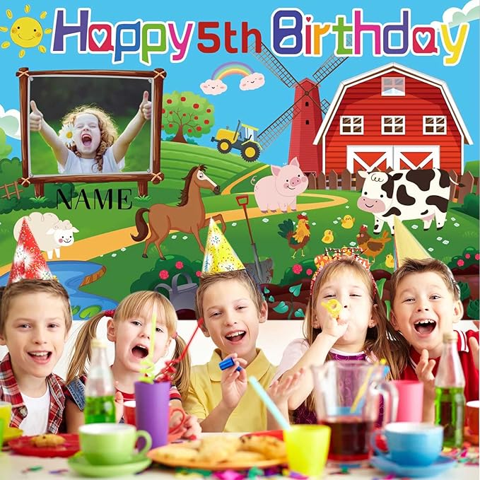 Custom Farm Animal Happy Birthday Party Decorations Supplies Personalized Farm Animal Barn Cow Farmhouse Birthday Backdrop Banner(4x6ft)
