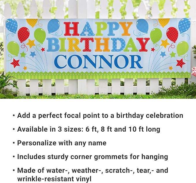 Let's Make Memories Personalized Blue Happy Birthday Banner for Kids - Custom Birthday Party Decorations - Indoor/Outdoor Vinyl - Any Name - Balloons and Stars - 6ft