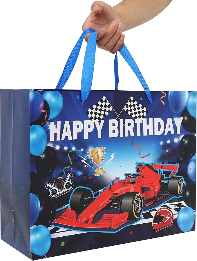 wishinside 13” Large Blue Birthday Gift Bag Set with Handles, Greeting Card, Tissue Papers and Stickers for Boys Men Kids Teens, Car Design, 1 Pcs