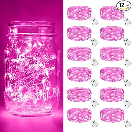 btfarm Valentine's Day 12 Pack Pink Fairy Lights Battery Operated 3 Modes, 7ft 20 Led Twinkle String Lights Waterproof, Bulk Small Mini Light for Mason Jars Christmas Vases Wedding Table Decorations
