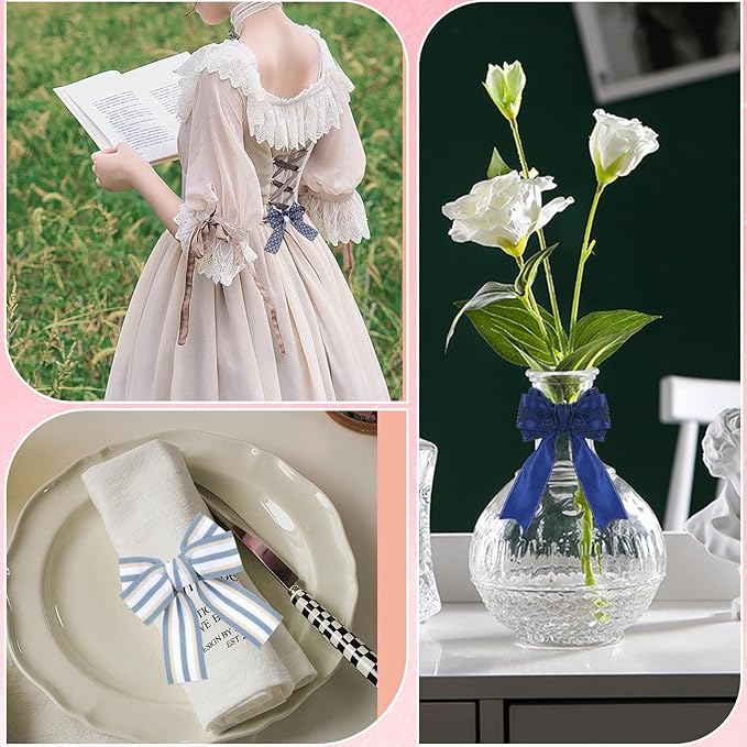 BEEFLYING 3 Styles Blue Wire Edged Ribbons for Gift Wrapping, 25~28mm×2.7m Satin Ribbons Stripe Ribbons for Wedding Party Decoration Hair Bows Flower Designs Sewing and Craft, 9 Yards