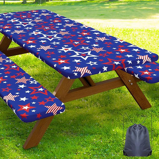Smiry Picnic Table Cover with Bench Covers, Waterproof Elastic Fitted Tablecloth for 6 Foot Tables, Washable Polyester Tablecloths for Camping and 4th of July (Navy Blue & Red, 30x72 Inch 3-pc Set)