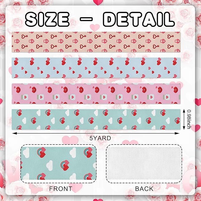 4 Rolls Valentine's Day Ribbon Set, 1" x 5 Yards Each, Heart Pattern Ribbons for Wedding Gift Wrapping & DIY Crafts