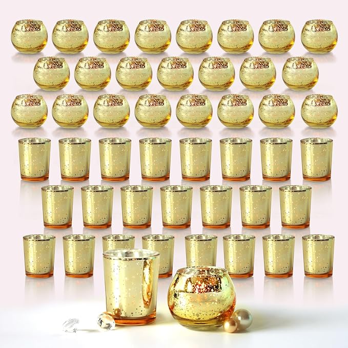 48pcs Assorted Gold Votive Candle Holders Bulk for Table Centerpieces,Mercury Glass Candle Holder for Tea Lights,Wedding Decorations, Christmas/Diwali Decorations for Home,Gold Party Supplies
