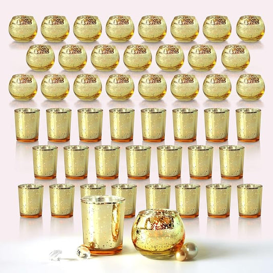 48pcs Assorted Gold Votive Candle Holders Bulk for Table Centerpieces,Mercury Glass Candle Holder for Tea Lights,Wedding Decorations, Christmas/Diwali Decorations for Home,Gold Party Supplies