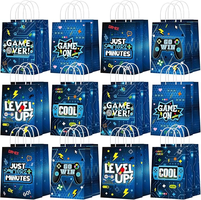 Yeaqee 24 Pcs Video Game Gift Bags Game Party Favor Goodie Candy Treat Gift Bags with Handle Gaming Paper Wrapping Bag for Kids Boys Birthday Party Supplies Gaming Themed Birthday Decoration