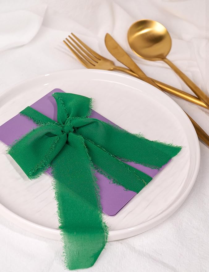 Chiffon Ribbon, Mardi Gras Party Decorations, 1.5''x21Yd Purple Green Yellow Frayed Fringe Silk Ribbon for Gift Wrapping, Floral Vase Decoration, Birthday, Engagement, Bridal Shower, 3 Rolls