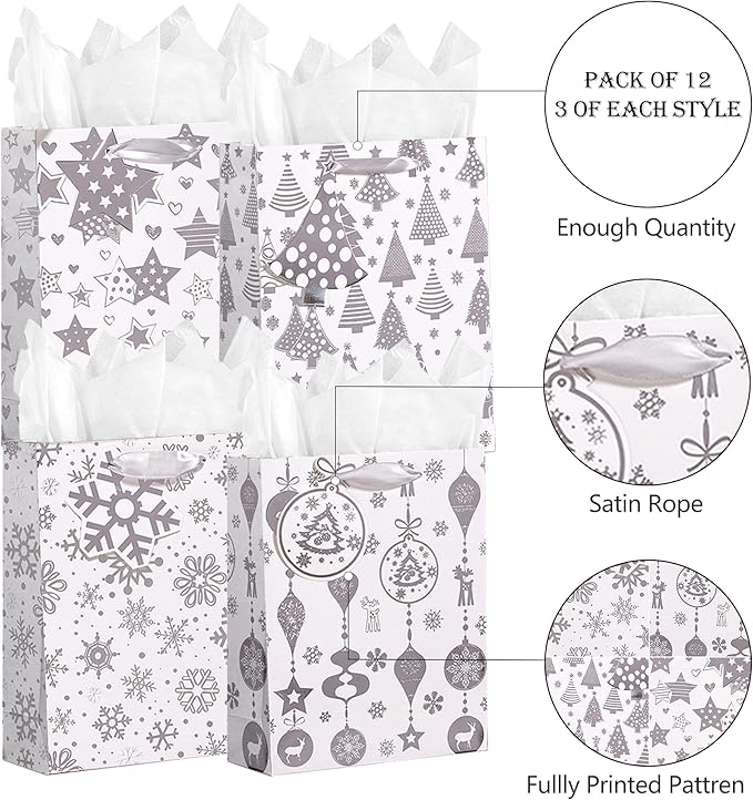 SHIPKEY 12 Pack Gift Bags, Large Silver Paper Bags 10x4x13 Inches with Tissue Paper, for Christmas Presents