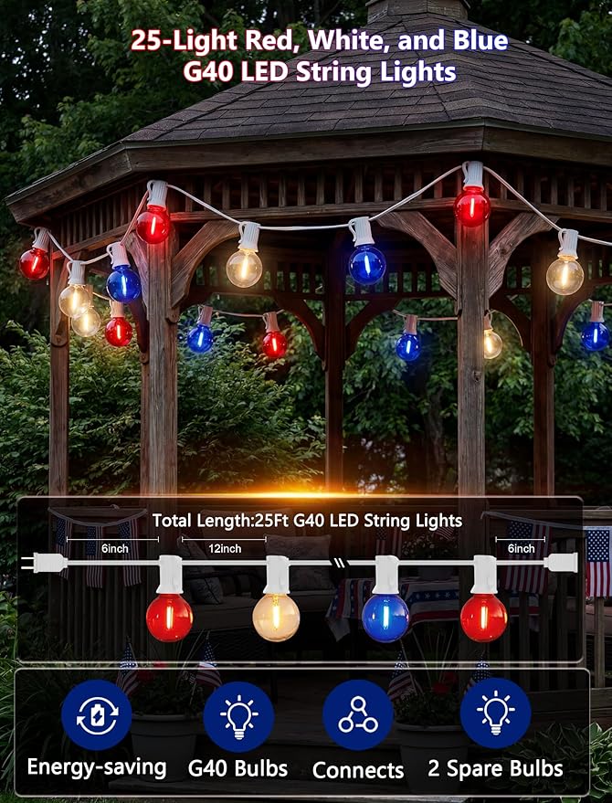 4th of July G40 LED Red White and Blue Lights, 25ft Outdoor String lights, Hanging Patio Lights with 27 Shatterproof Round Bulbs, Independence Day Decoration Warm White for Patriotic Party Garden