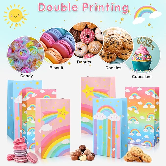 Nezyo 24 Pack Rainbow Goodie Bags with Stickers Rainbow Party Favor Bags, Turquoise, 8.7 x 4.7 x 3.1 Inch Pastel Gift Bag for Birthday Party Favors Candies Snacks Treats Decorations